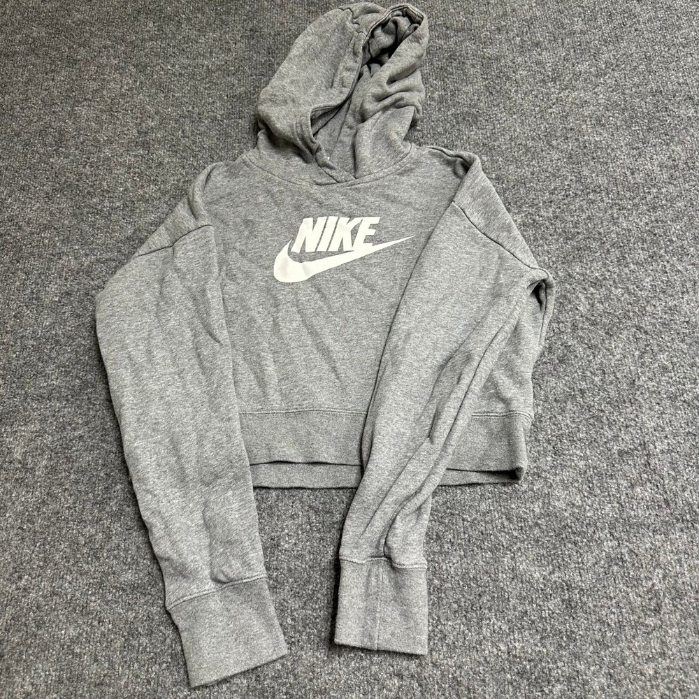 Nike Hoodie Womens Size XL Grey Cropped Pullover Long Sleeve Swoosh Fleece Logo